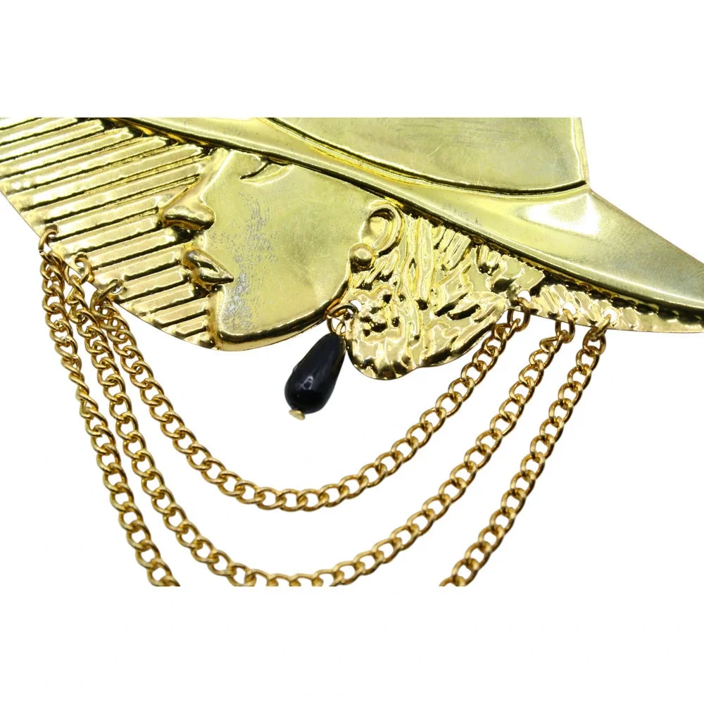 Vintage Statement Pin Brooch Stamped Metal Lady in Hat w Chains 4 5/8